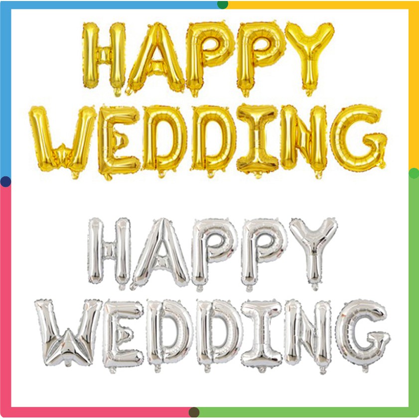 Trang trí phòng cưới, set bóng chữ Happy Wedding