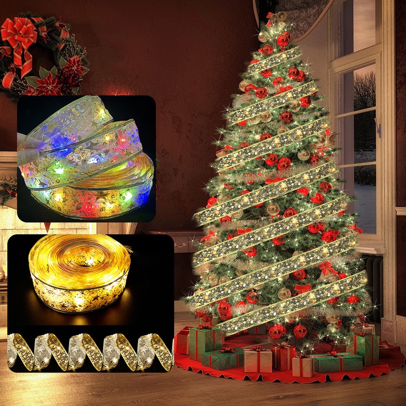 Dây Đèn LED Hai Lớp Thắt Nơ Ruy Băng Lưới Ruy Băng Giáng Sinh Trang Trí Cây Thông DIY