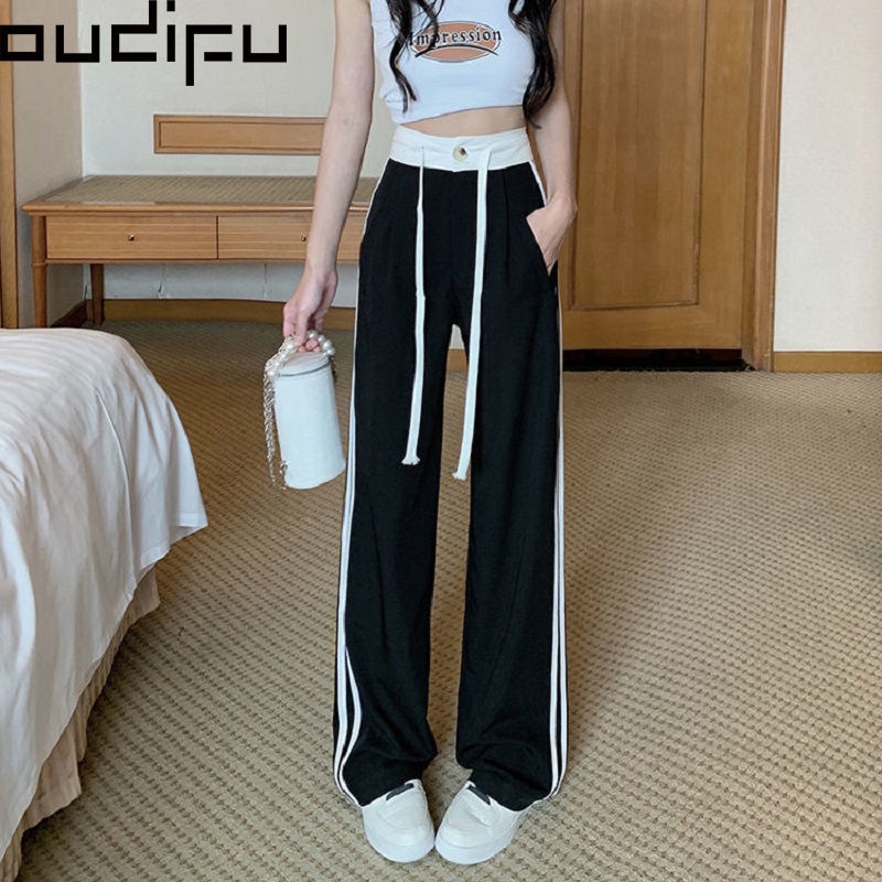 Quần Dài Lưng Cao Ống Rộng Màu Sắc Tương Phản Thời Trang Mùa Hè Cho Nữ