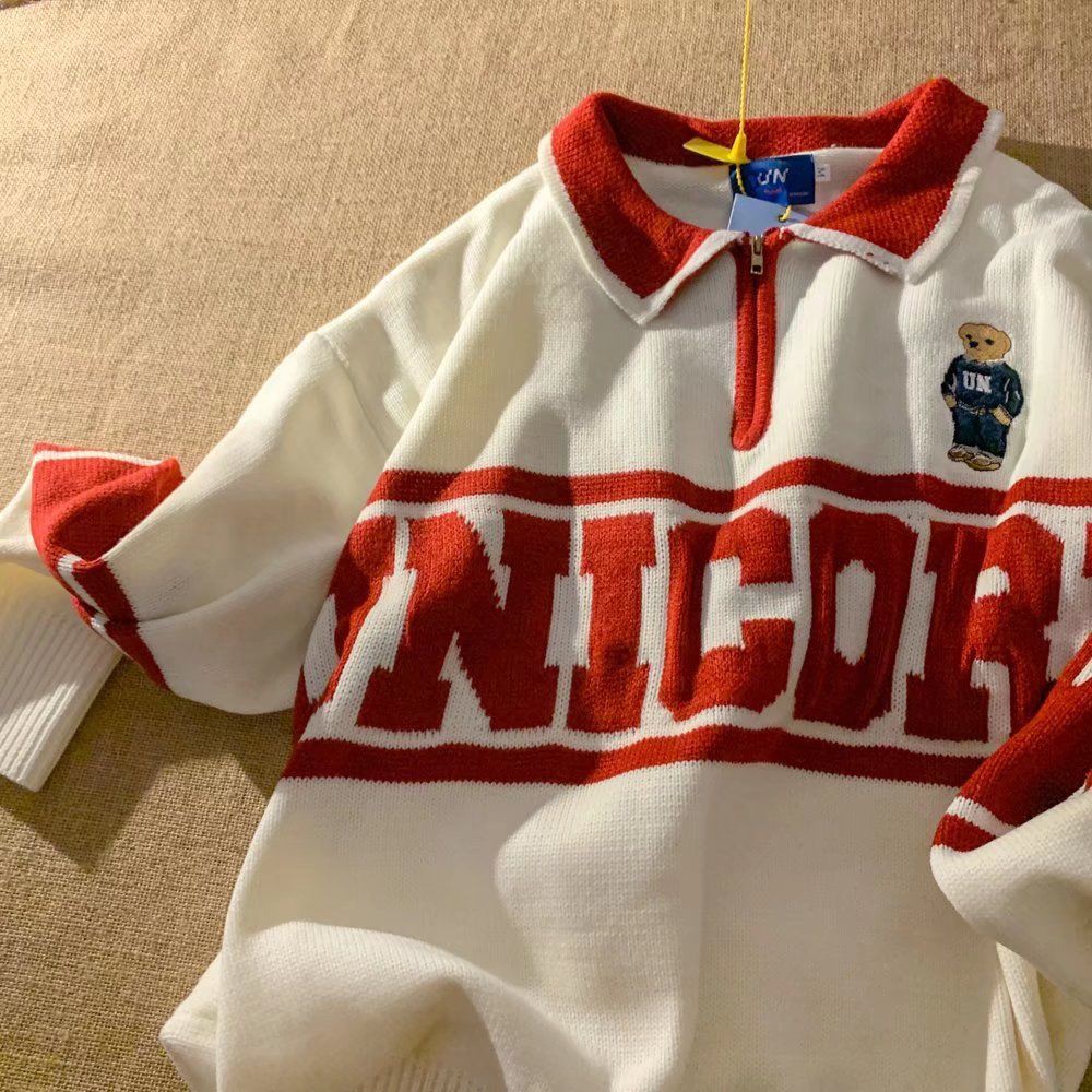 Áo sweater tay dài cổ polo dáng rộng phong cách cổ điển Nhật Bản thời trang
