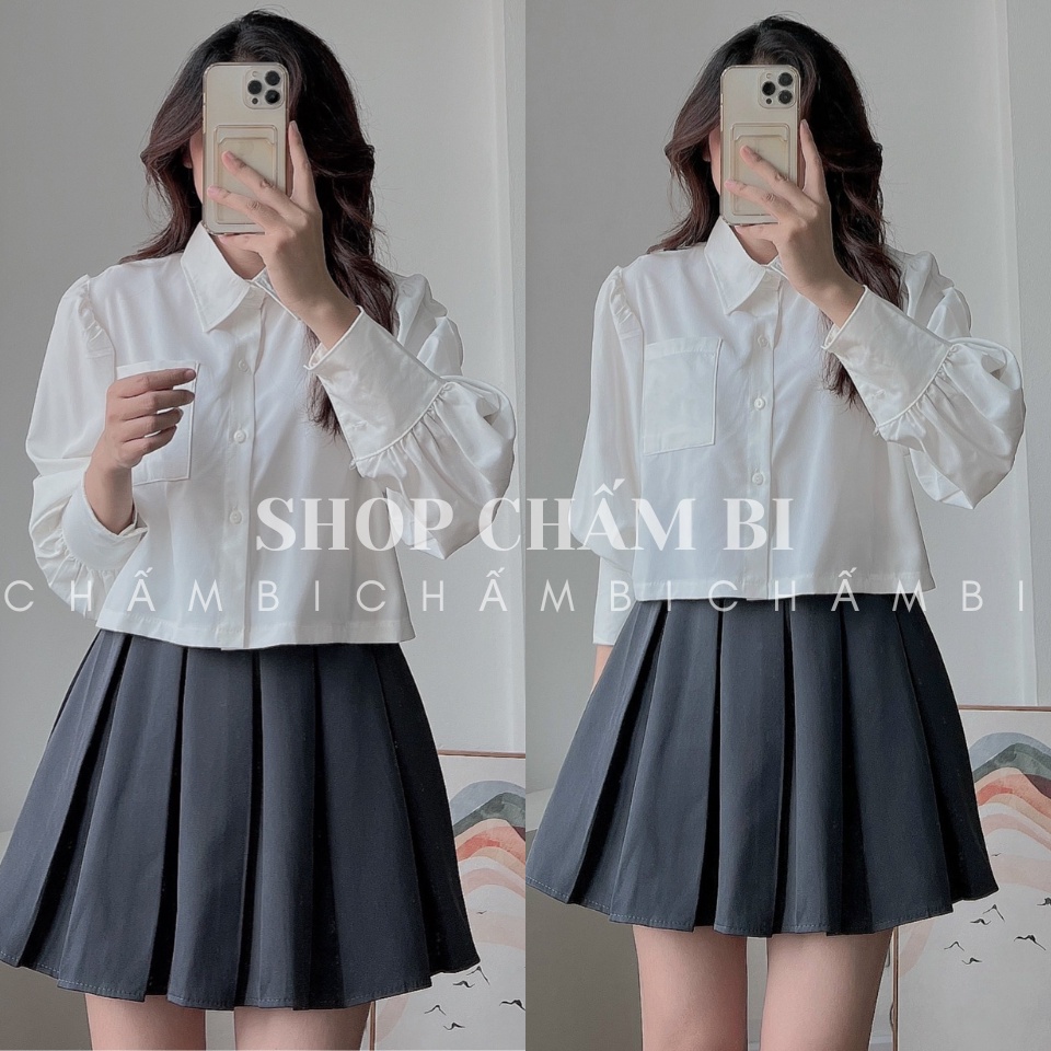 Áo sơ mi croptop nữ tay dài A.352, Áo kiểu dáng ngắn tay bo chun 2 cúc cài cách điệu - Thời trang nữ Chấm Bi