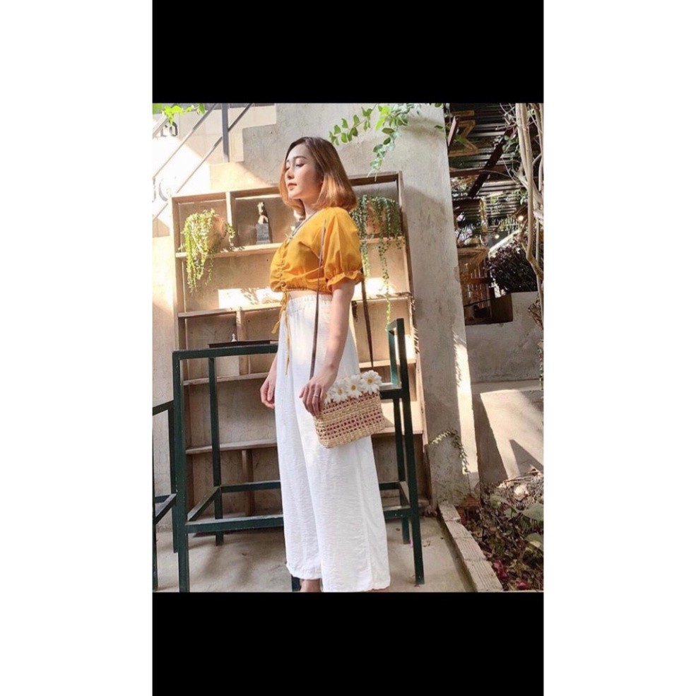Set bộ áo croptop  tay phồng quần ống rộng suông dài xinh- Trễ vai Hot