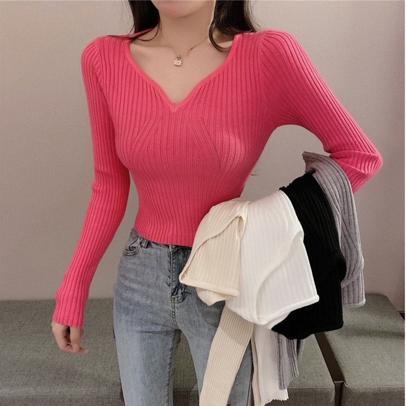 Áo dệt kim tay dài cổ chữ V thời trang xinh xắn nhiều màu tùy chọn cho nữ