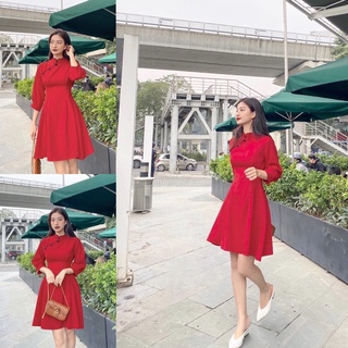 Váy đỏ cổ viền khuy bọc