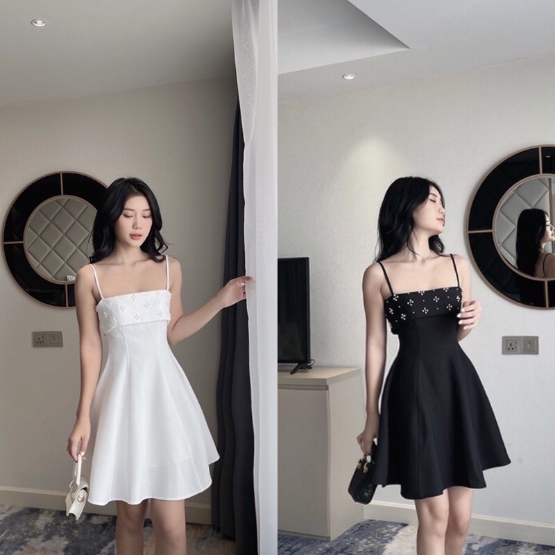 Đầm Váy 2 Dây Xoè Đính Hạt Ngọc