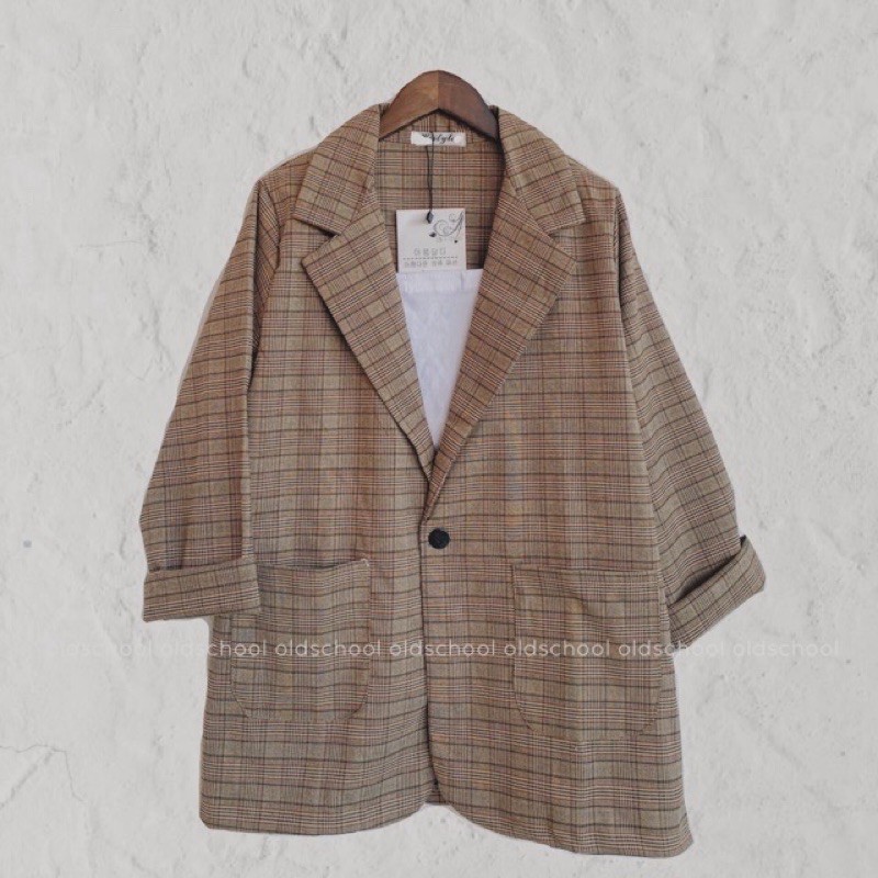 [Ảnh thật/Video] Áo Blazer Kẻ Nâu 1 Cúc Hàng Quảng Châu