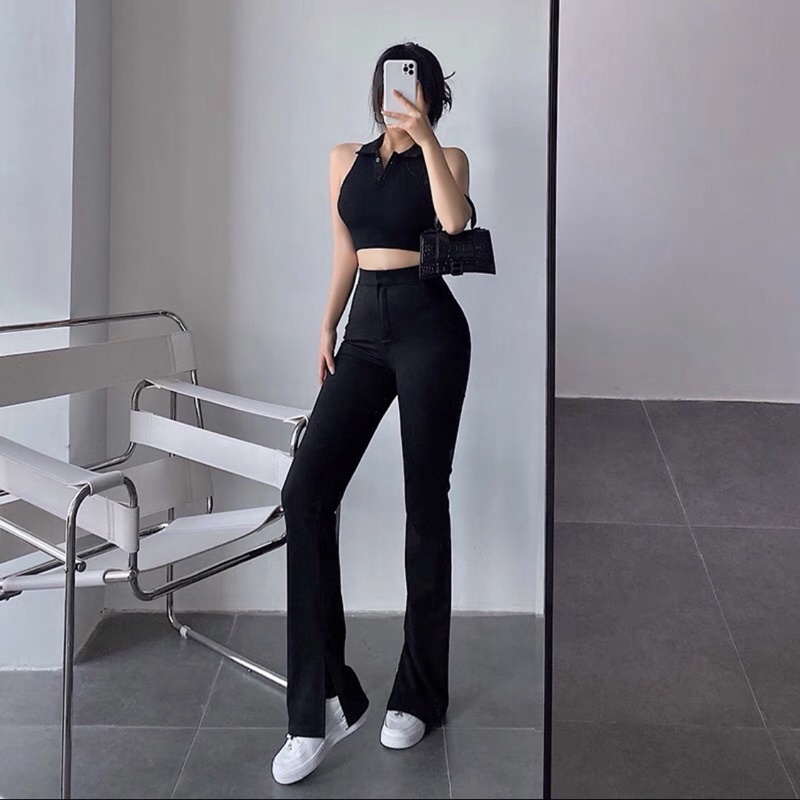 Quần tây ống loe xẻ ống trong, đai trơn vải thun nỉ da cá | BigBuy360 - bigbuy360.vn