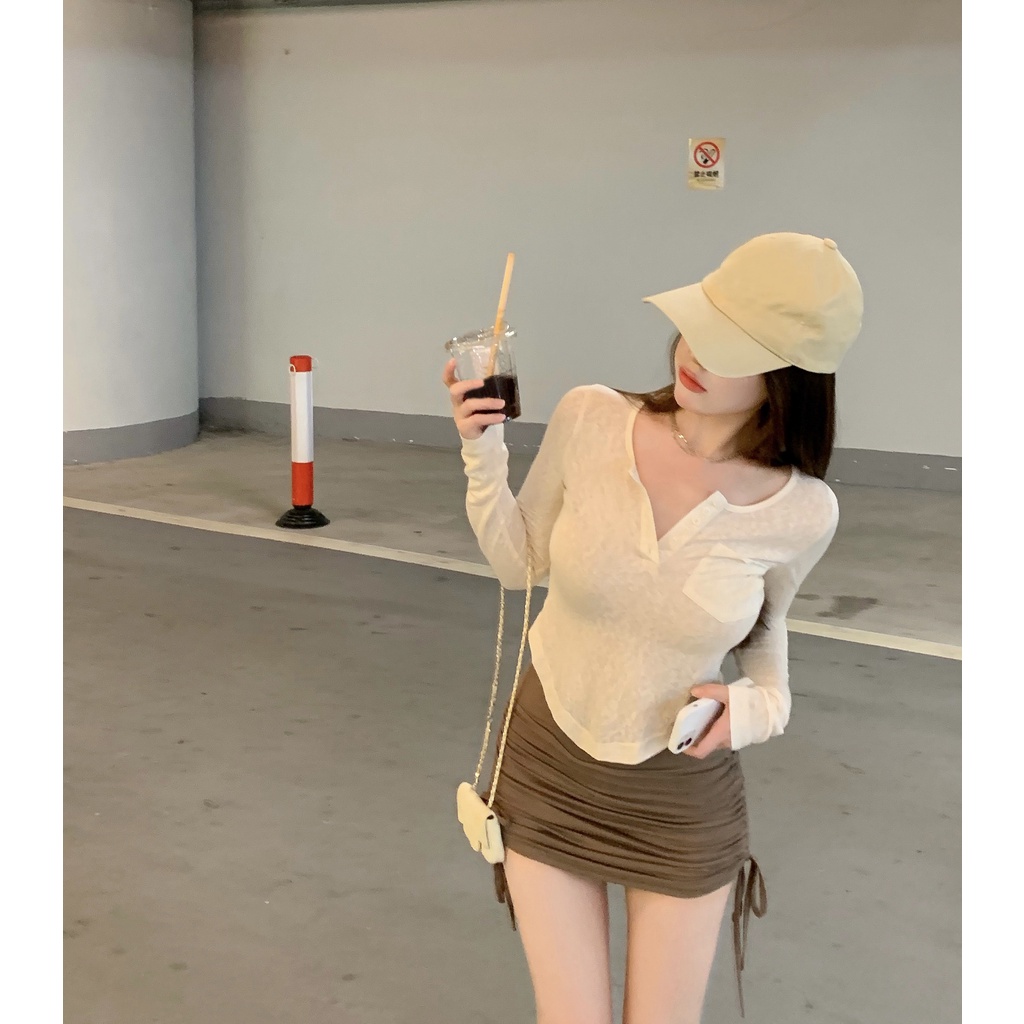 Set áo thun dài tay mùa thu ôm body đuôi tôm+ Chân váy thun rút dây nhăn nhún sexy Hong Kong