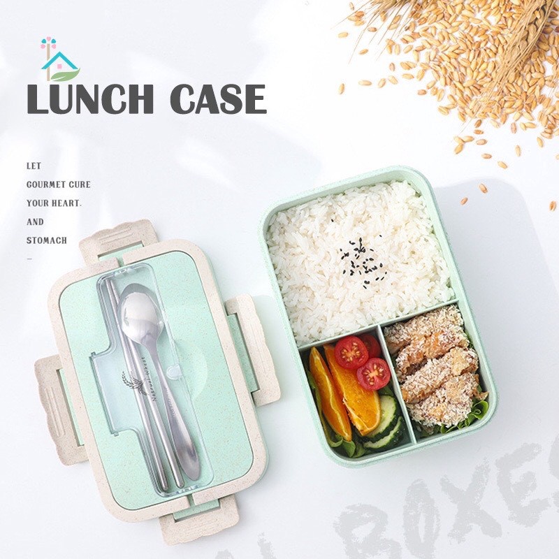 Hộp Đựng Cơm Lúa Mạch 3 Ngăn Dung Tích 1000ml kèm muỗng đũa inox | BigBuy360 - bigbuy360.vn