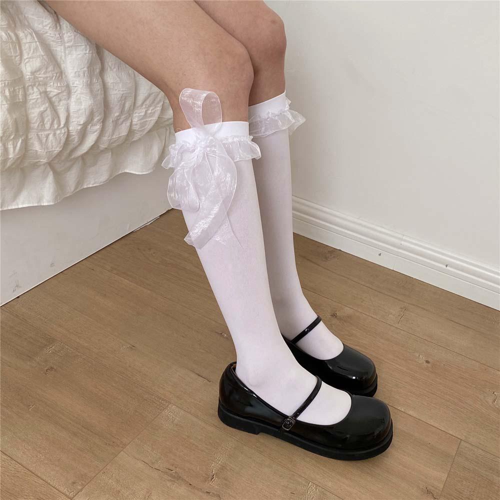 Vớ Dài Bằng Nylon Mềm Thoáng Khí Đính Ruy Băng Ren Phong Cách Lolita Ves1