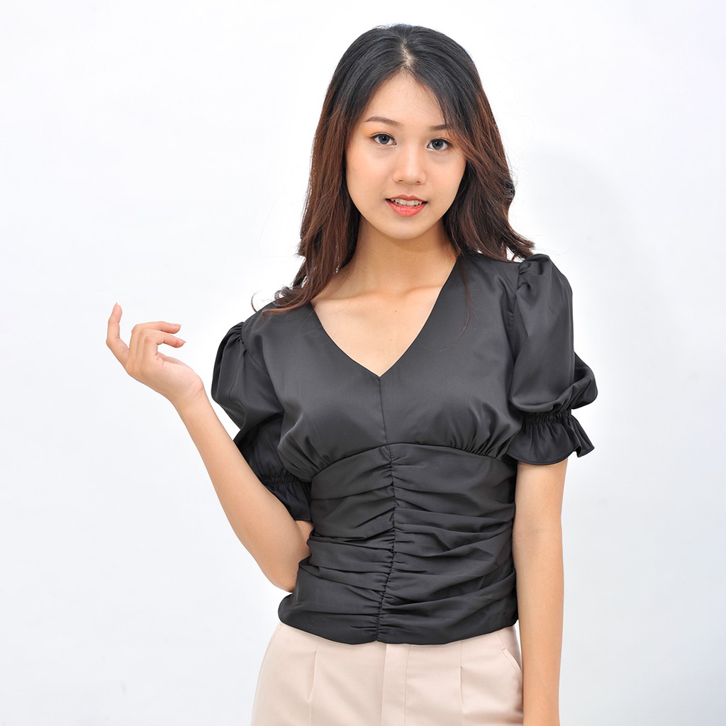 Áo nữ kiểu sơ mi công sở thiết kế thời trang Eden cổ tim tay phồng freesize  dáng áo che khuyết điểm tốt - ASM088