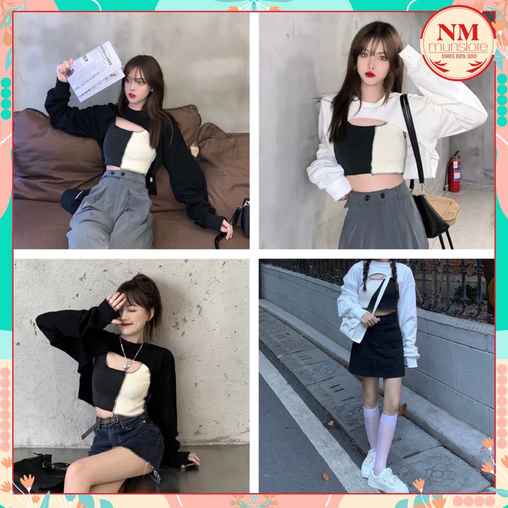[ ẢNH THẬT ]  set áo croptop 𝐍𝐌 Closet 2 món áo ngoài + áo trong mặc được 2 kiểu chất zip cotton dầy mịn co dãn mềm
