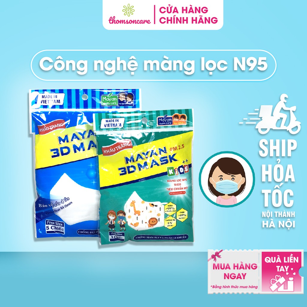 Khẩu trang y tế Mayan 3D gói 5 chiếc kháng khuẩn lọc bụi mịn, chống nắng tia UV bảo vệ da