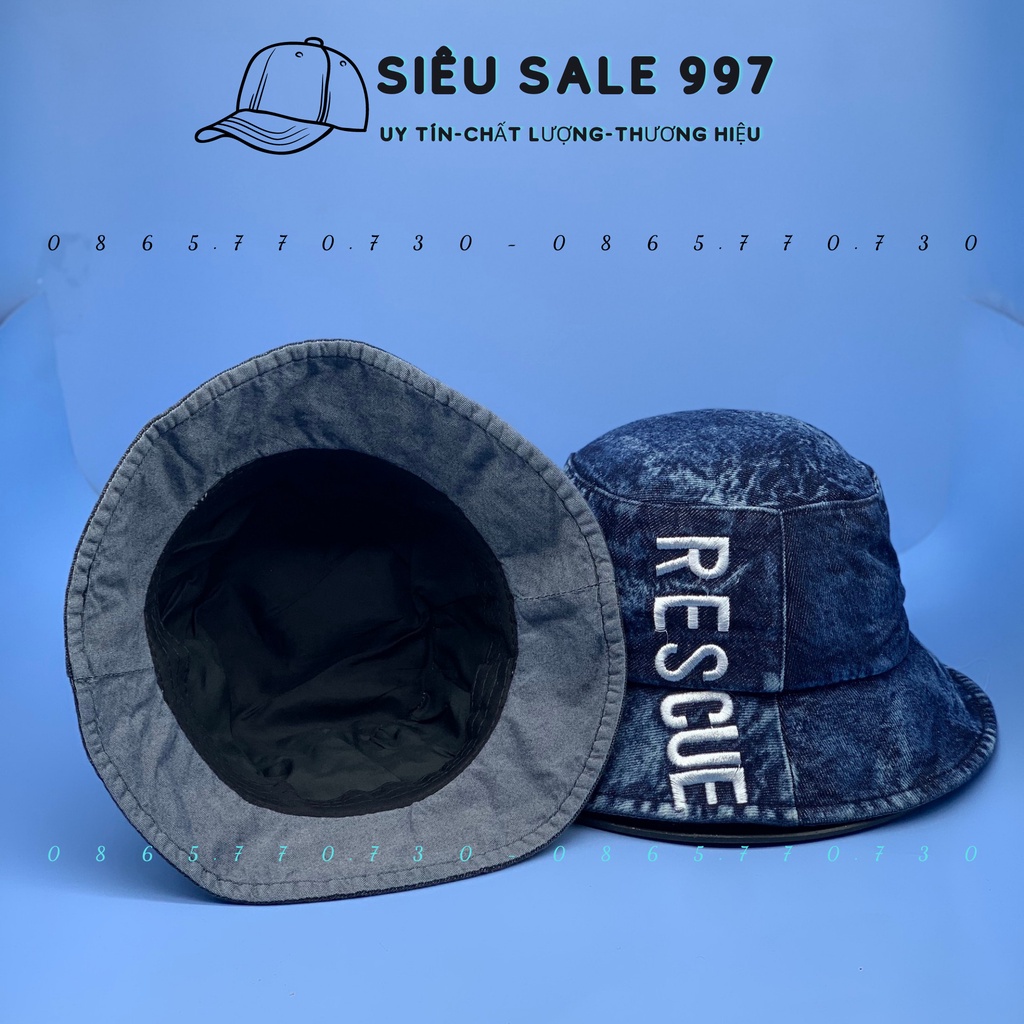 MŨ BUCKET RESCUE CHẤT JEAN THÊU CHỮ  DỌC THỜI TRANG HOT HIT NAM NỮ CAO CẤP