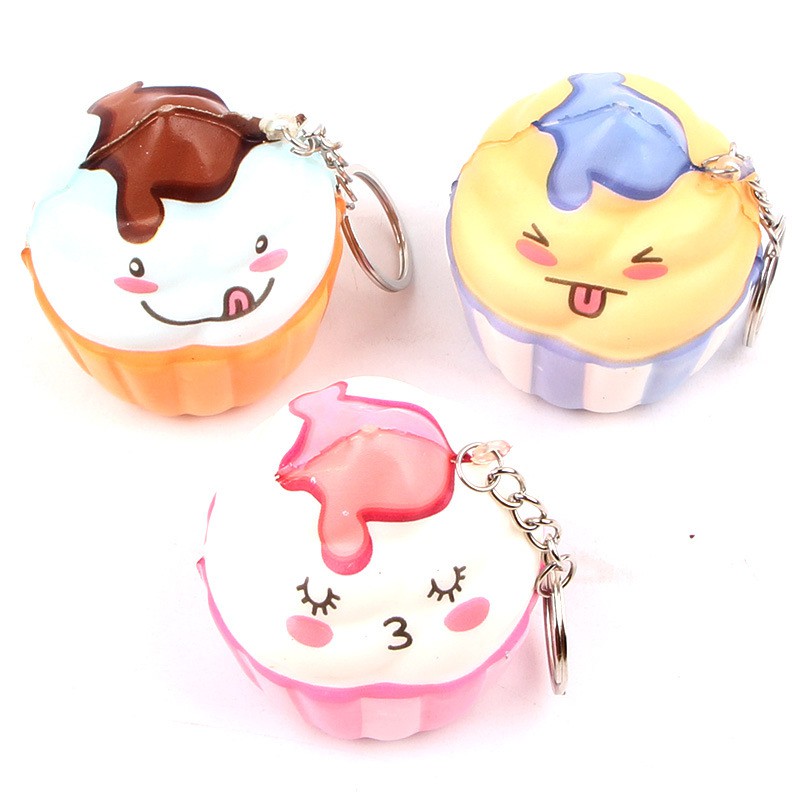 Squishy bánh kem dễ thương có bao bì và móc khóa, Squishy cupcake chibi