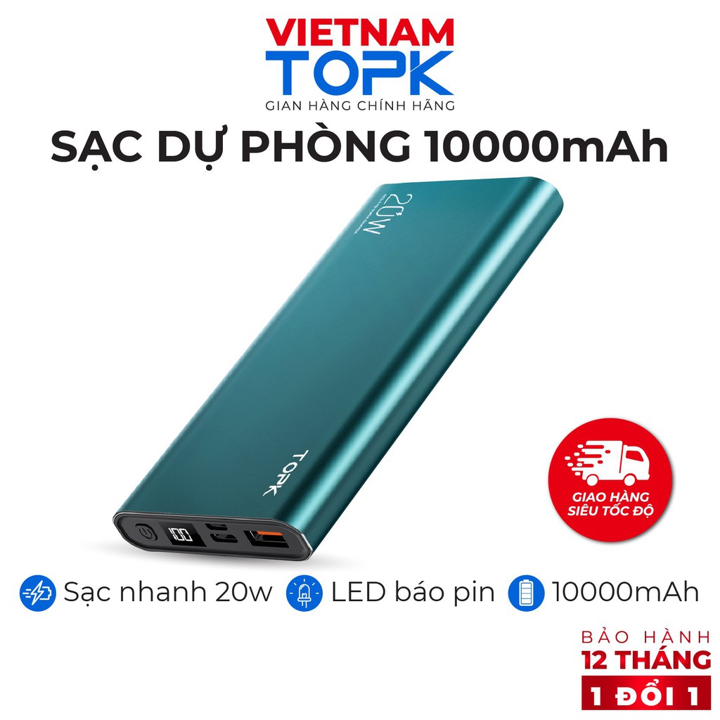 Pin Dự Phòng TOPK I1007P 20W PD QC3.0 10000mAh Sạc Nhanh Hiển Thị Điện Tử