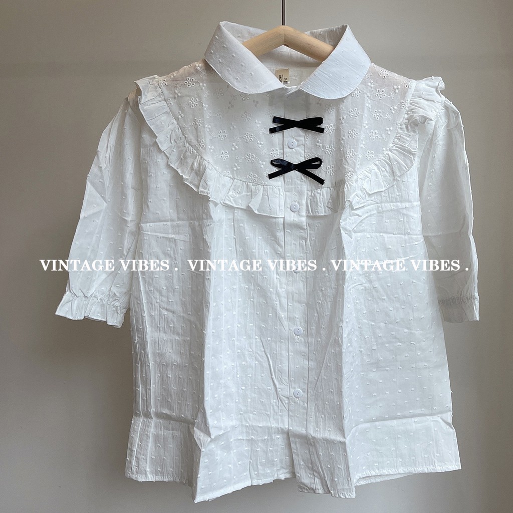 Áo babydoll cổ sen tay phồng phối nơ tiểu thư (hàng QC) - Ảnh thật | BigBuy360 - bigbuy360.vn