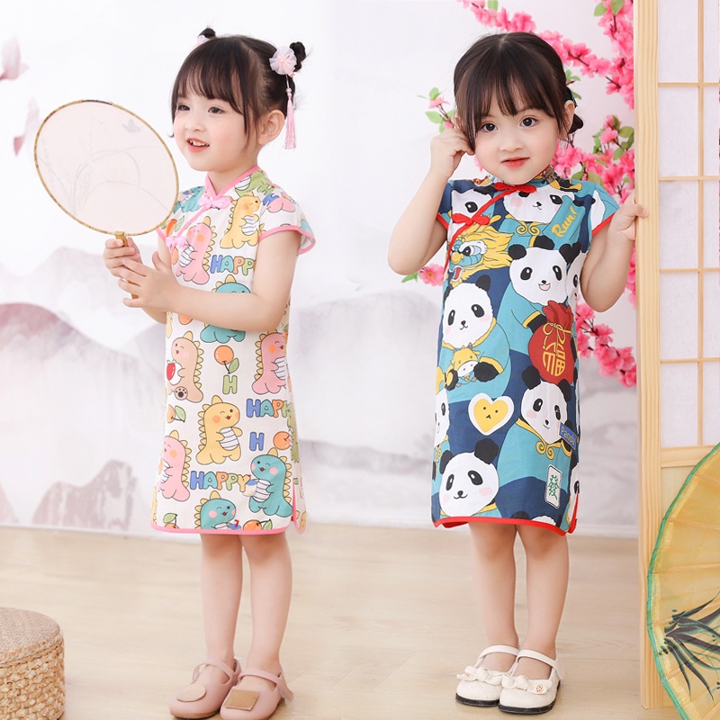 Đầm Kiểu Sườn Xám Tay Ngắn In Họa Tiết Hoa Xinh Xắn Thoáng Khí Cho Bé Gái
