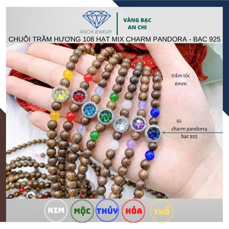Vòng tay trầm hương charm bạc pandora đính đá trắng / xanh / đỏ / vàng / tím - Anchi jewelry