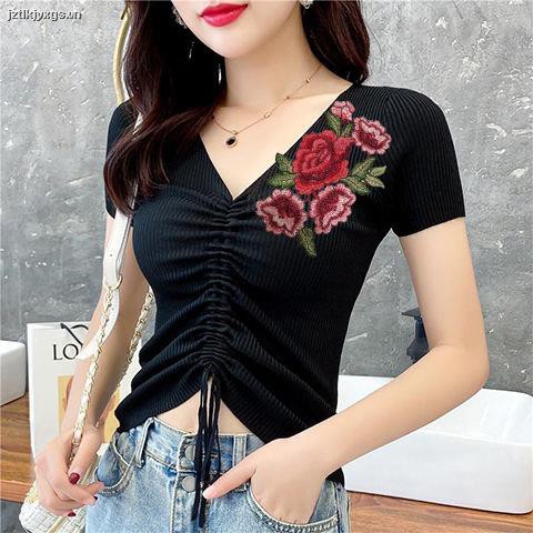 ✶drawstring top women s short-sleeved Xia Bingsi V-neck embroidered sweater Korean version of the navel and waist tight-fitting all-match T-shirt ins