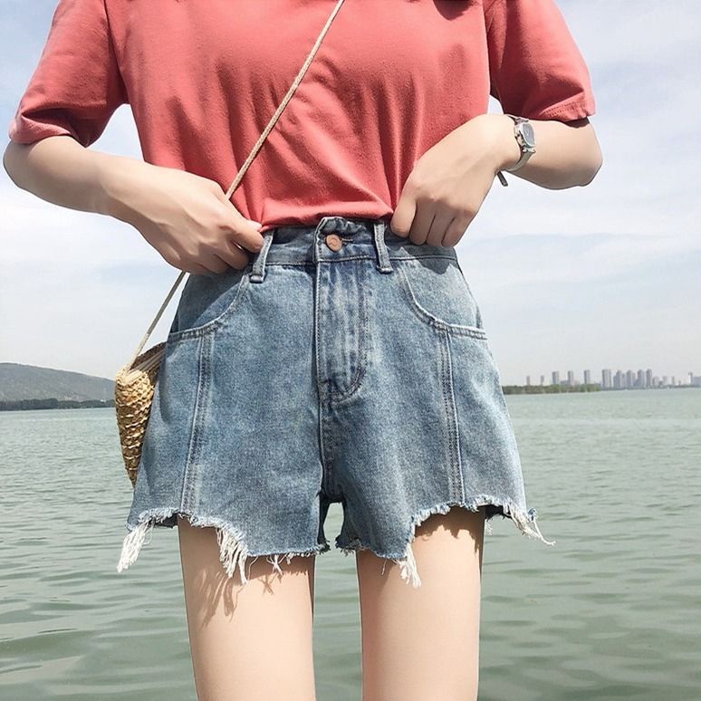 AMOI Quần Short Denim Lưng Cao Ống Rộng Thời Trang Hàn Quốc Cho Nữ
