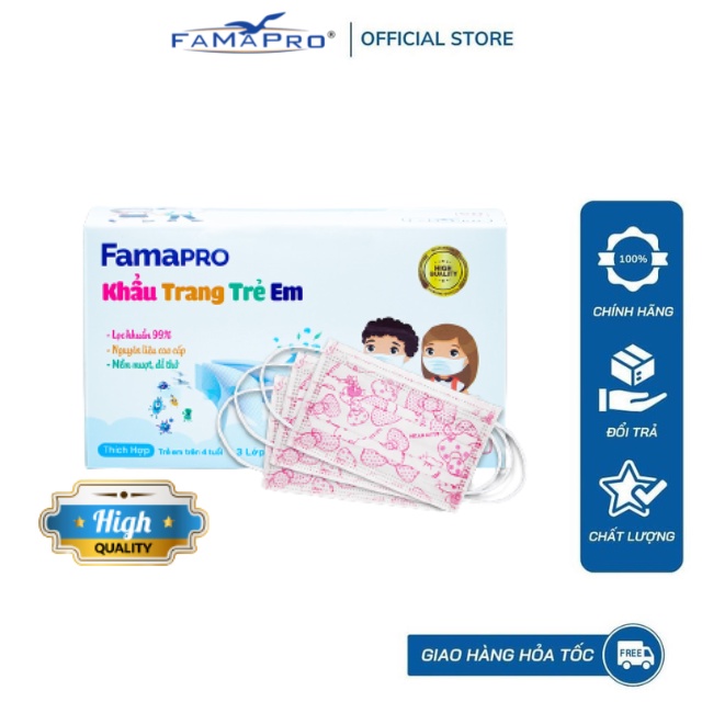 Khẩu trang y tế trẻ em kháng khuẩn 3 lớp Famapro max kid ( 50 cái /hộp )