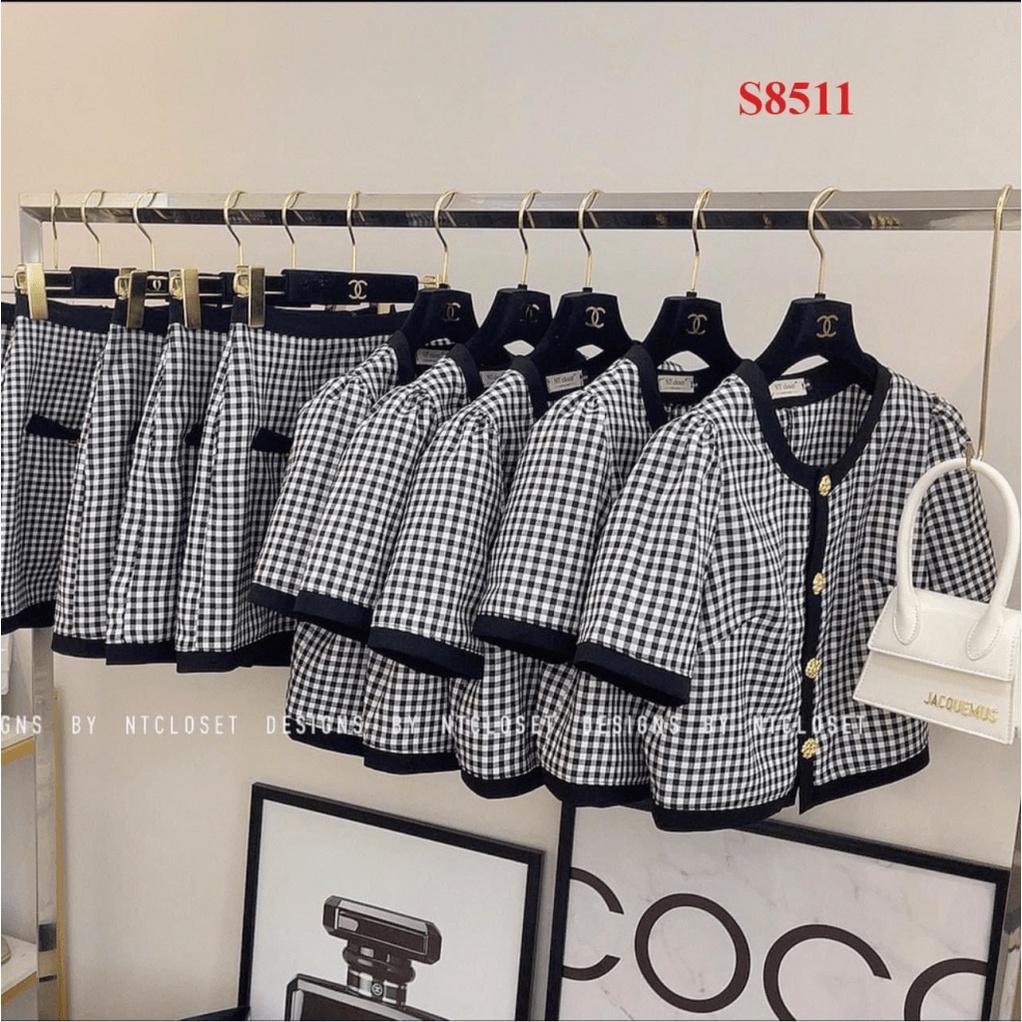SET BỘ NỮ CARO PHỐI VIỀN CỔ TIM THỜI TRANG SÀNH ĐIỆU ĐẸP TINH TẾ Shop VLTN