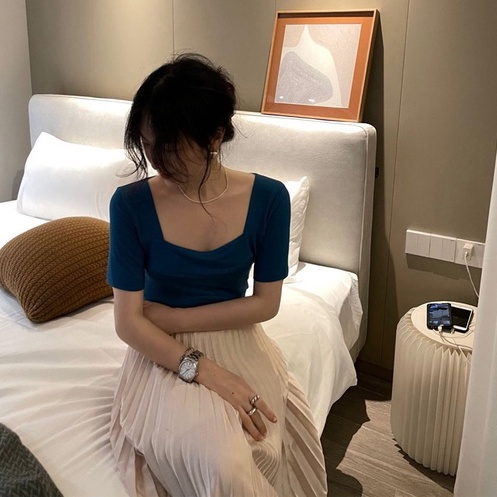 Áo dệt kim ZHELIHANGFEI tay ngắn cổ vuông gợi cảm thời trang