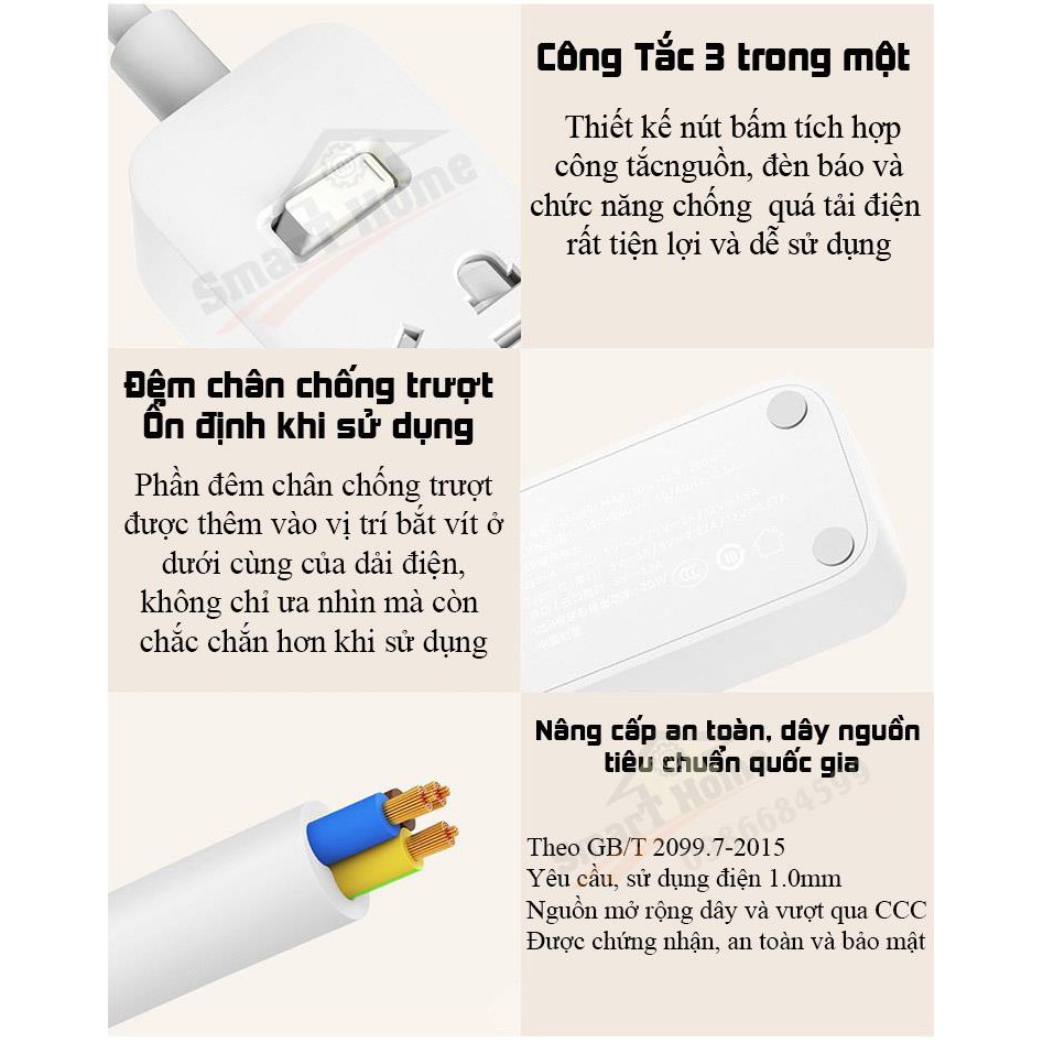 Ổ Cắm Điện Đa Năng Xiaomi , Ổ Cắm Điện Xiaomi Mi Power Strip Thông Minh Tích Hợp 3 Khe Cắm USB 2A AI Tự Điều Áp Ra