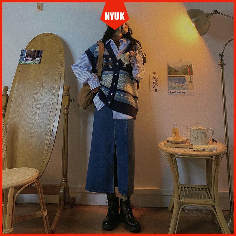 chân váy jean Lưng Cao Dáng Chữ A Xẻ Tà Phong Cách Retro | BigBuy360 - bigbuy360.vn