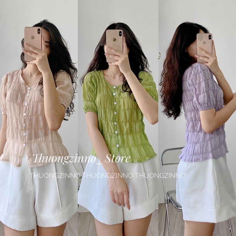 [Ảnh thật/Video]Áo sơ mi China Nhún Lụa cúc ngực tiểu thư nhẹ nhàng Áo sơ mi cổ V chất lụa nhăn