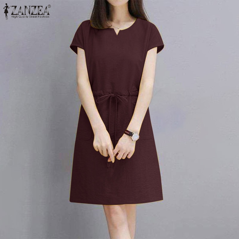 Đầm Zanzea tay ngắn lưng cao màu trơn có dây rút phong cách cổ điển cho nữ
