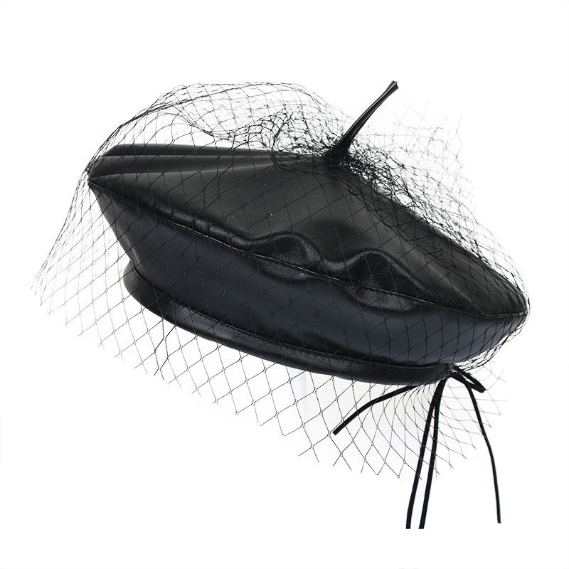 Nón beret da PU trơn màu phối lưới thời trang retro âu mỹ