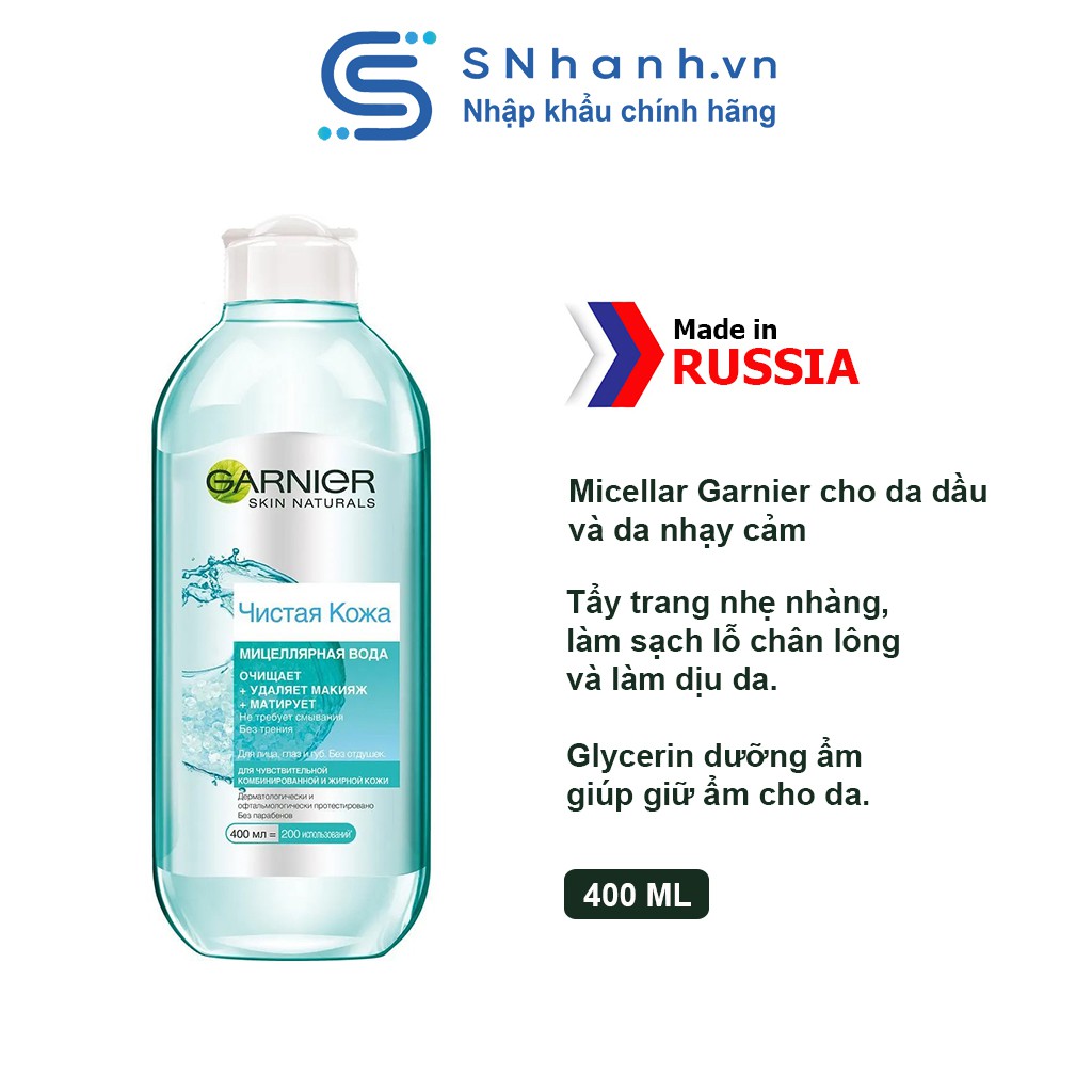 Tẩy trang Micellar Garnier Xanh dành cho da dầu và da nhạy cảm 400ml