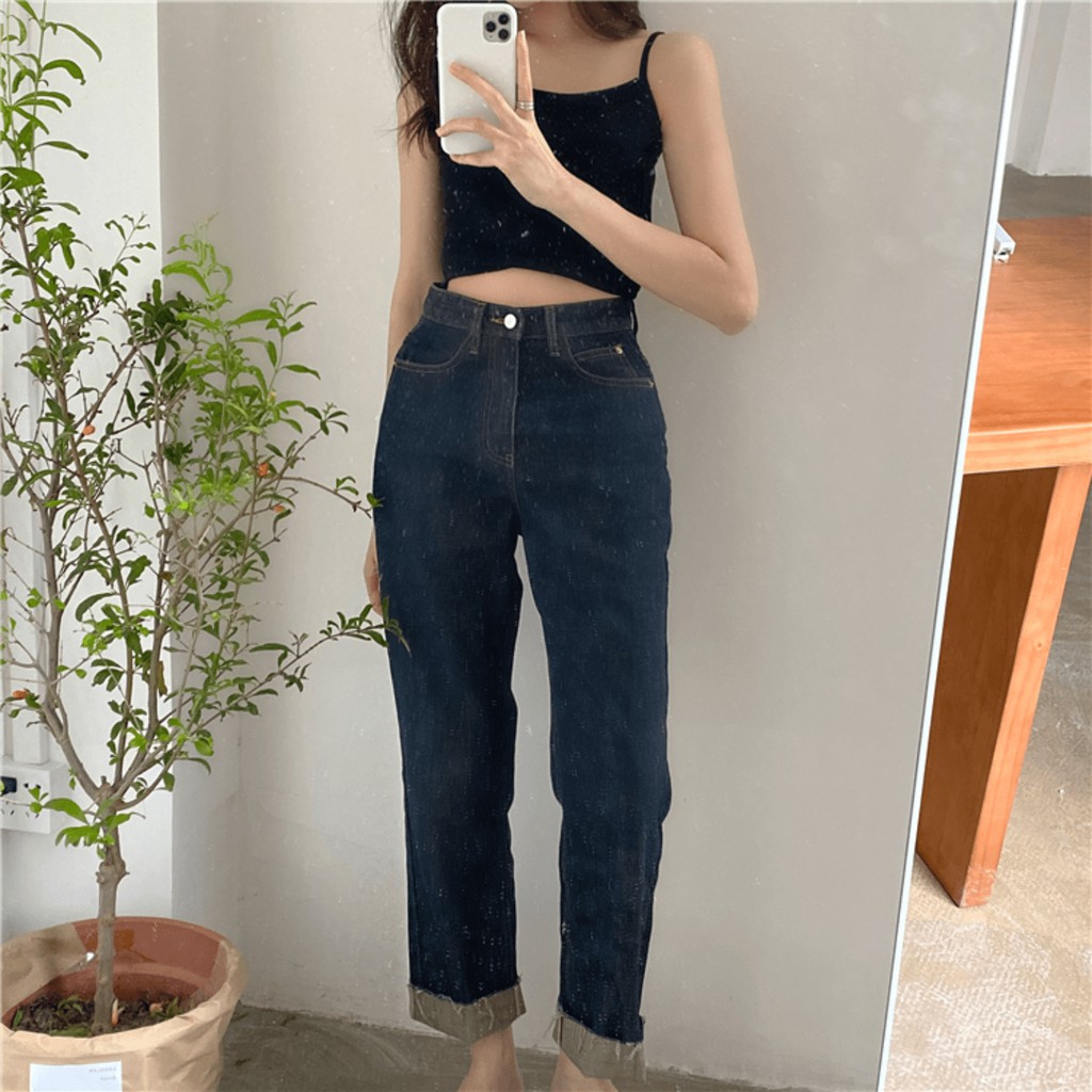 1600 | Quần Bò Jeans Suông Baggy Dáng Đứng Gập Rách Gấu Màu Đen Xám Xanh Thiết Kế Đơn Giản