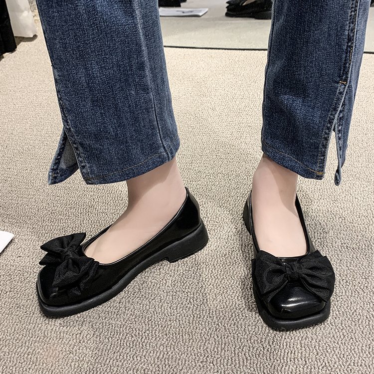 Giày Búp Bê Da Mũi Vuông Đính Nơ Phong Cách Anh Quốc Cho Nữ