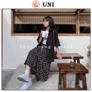 Set áo vest chân váy hoa nhí 3 món/ Set áo khoác ngoài kèm áo thun tay lỡ và chân váy dài