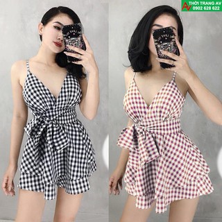 Jumpsuit - Đồ bay ngắn 2 dây phối sọc caro thắt nơ eo giả váy siêu hot - AV5962