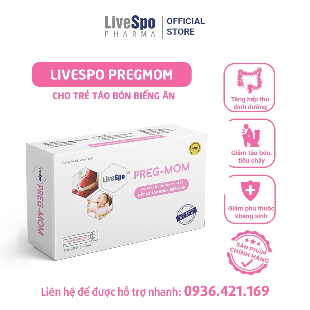 Men vi sinh cho bé LiveSpo Pregmom 60 tỷ bào tử lợi khuẩn hỗ trợ giảm táo bón rối loạn tiêu hóa - Hộp 20 ống x 5ml