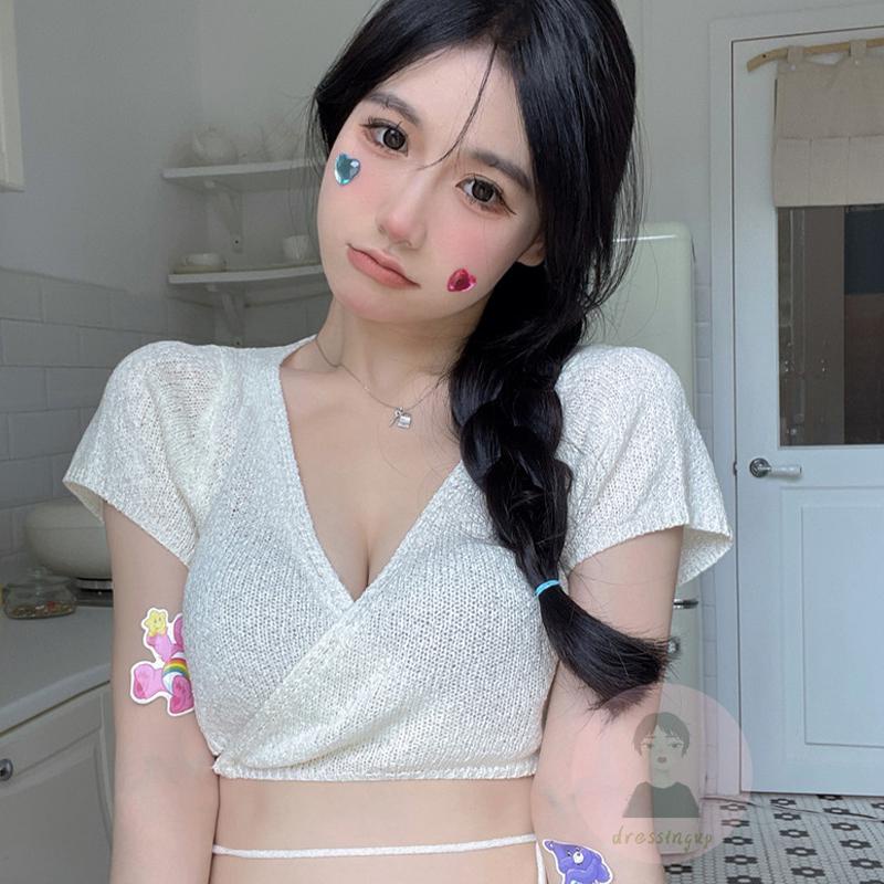 Áo Dệt Kim Ngắn Tay Cổ Chữ V Màu Trơn Thời Trang Cho Nữ