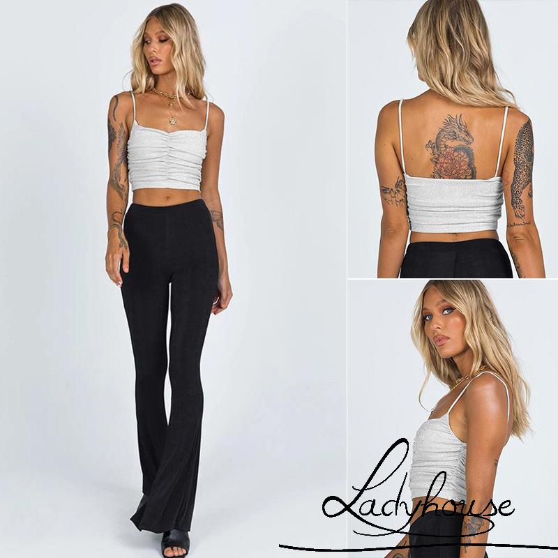 Áo Croptop Hai Dây Mỏng Mùa Hè Màu Trơn Sáng Bóng Hở Rốn Cho Nữ