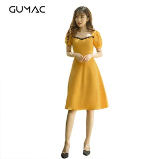Đầm tay phồng cổ ren gumac ms08925_vang