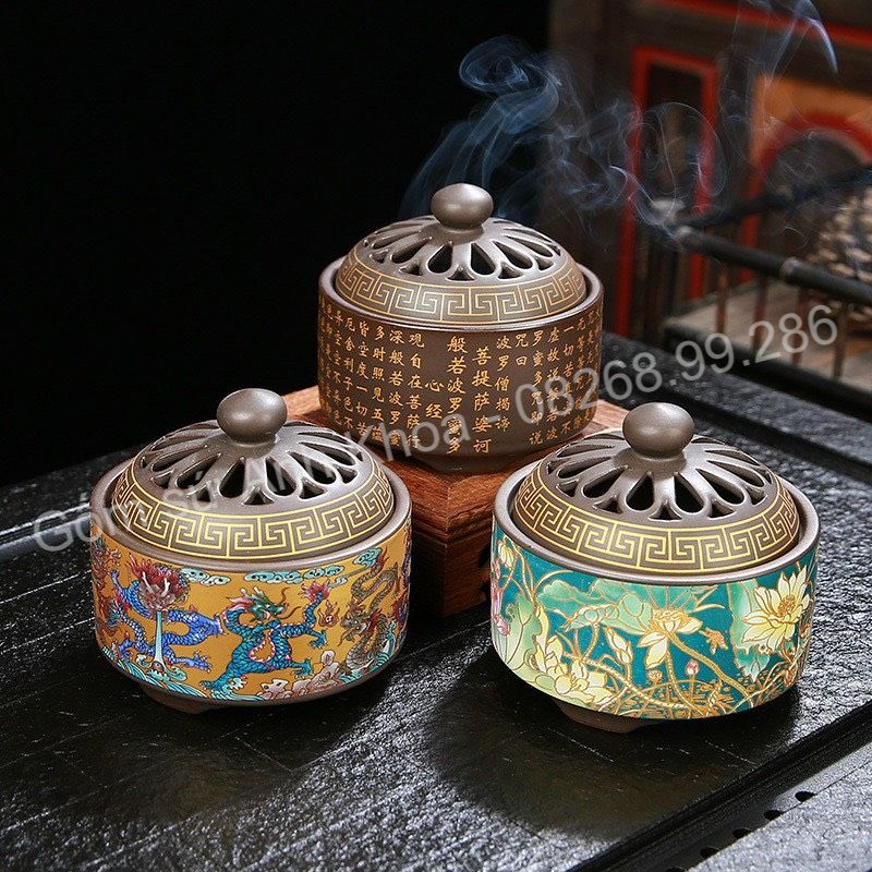 Bộ Lư Xông Trầm Hương Đỉnh đốt nhang bằng gốm sứ tử sa cao cấp nền hoa gấm