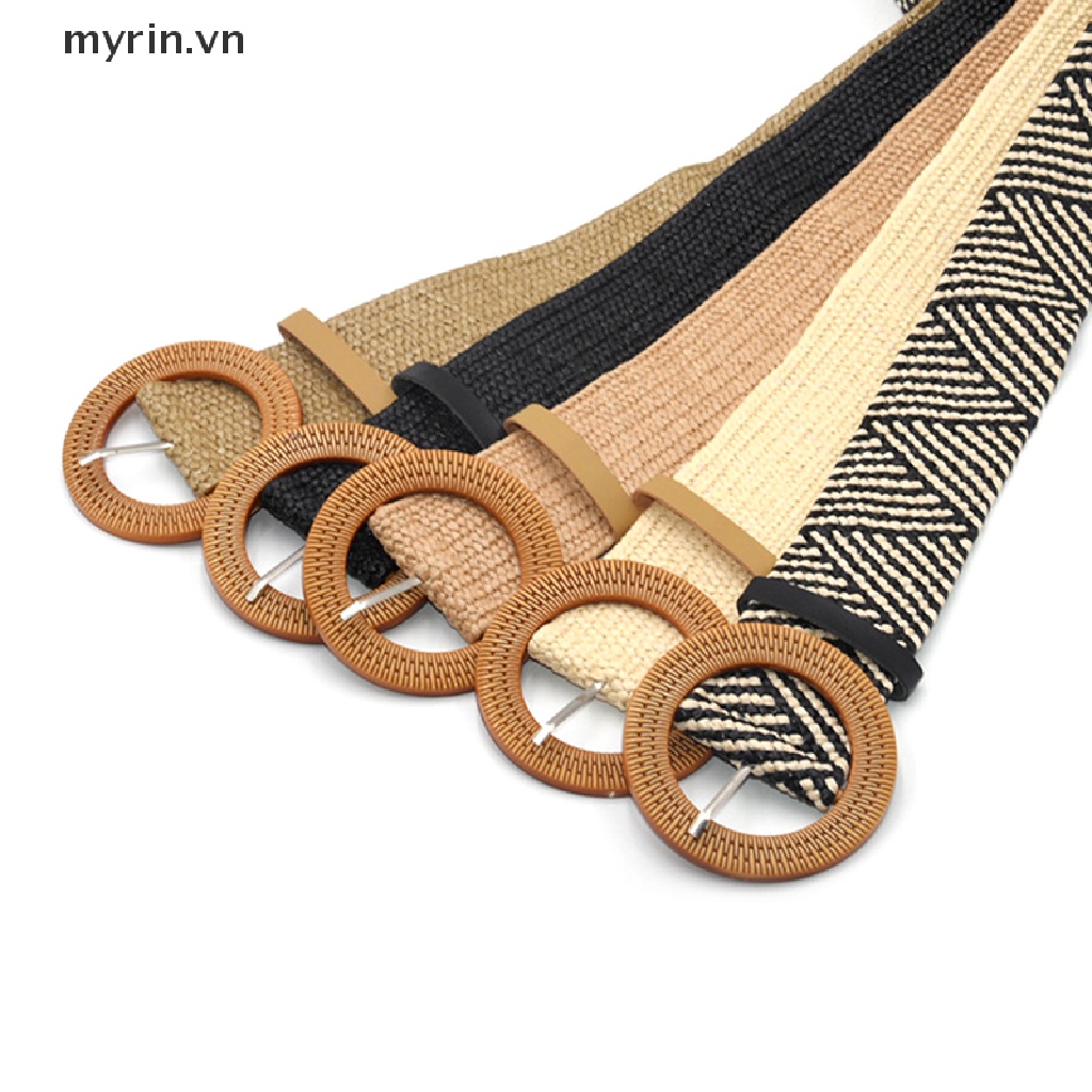 Thắt Lưng Dây Rơm Bện Co Giãn Khóa Tròn Phong Cách Boho Cổ Điển Cho Nữ