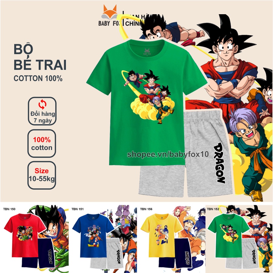 Bộ thun bé trai 100% cotton loại tốt, thương hiệu BABY FOX, hình Dragon Ball nhiều mẫu, size 10-55kg k