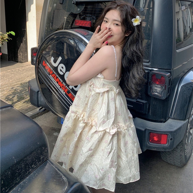 Đầm Sát Nách In Hoa Đính Ngọc Trai Giả Dễ Thương Thời Trang Mùa Hè Cho Nữ