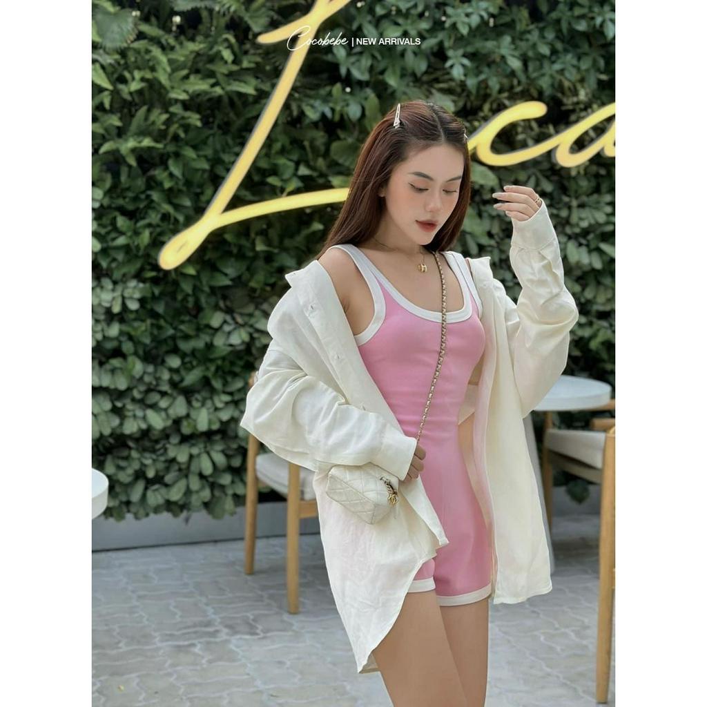 SET JUMPSUIT HỒNG GÂN SHORT ĐÙI VIỀN TRẮNG + ÁO SƠ MI KHOÁC TRẮNG (TH)