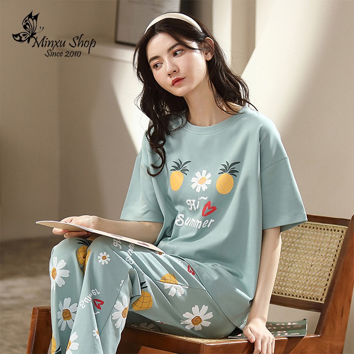 Bộ Đồ Ngủ, Bộ Mặc Nhà Nữ Quần Dài Áo Ngắn Tay - Chất Cotton Cao Cấp - Mềm Mịn, Thoáng Mát - Phong Cách Hàn Quốc