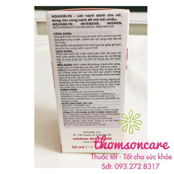 Lăn nách không mùi Aquaselin lọ 50ml - lăn khử mùi hôi cho cả nam, nữ, không vàng áo, thâm, đổ mồ hôi