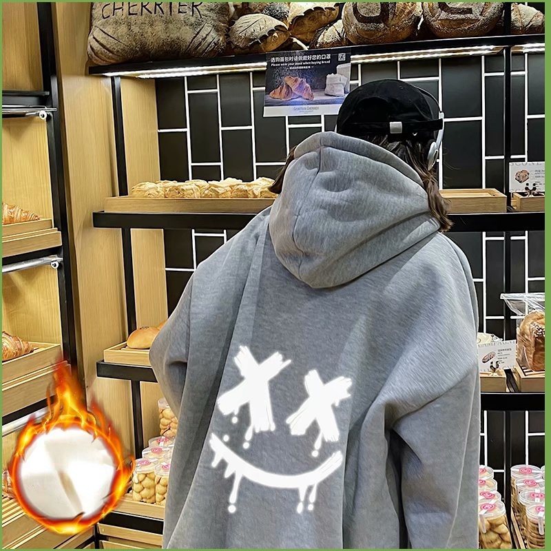 Áo Hoodie Nỉ Tay Dài Dáng Rộng In X_X Hình Mặt Cười Phản Quang Thời Trang Hàn Quốc Cho Cặp Đôi Size M-8XL